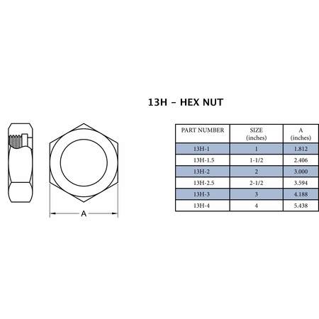 Steel & Obrien 2-1/2" Hex Nut (Acme Thread For Bevel Seat/John Perry) - 304SS 13H-2.5-304
